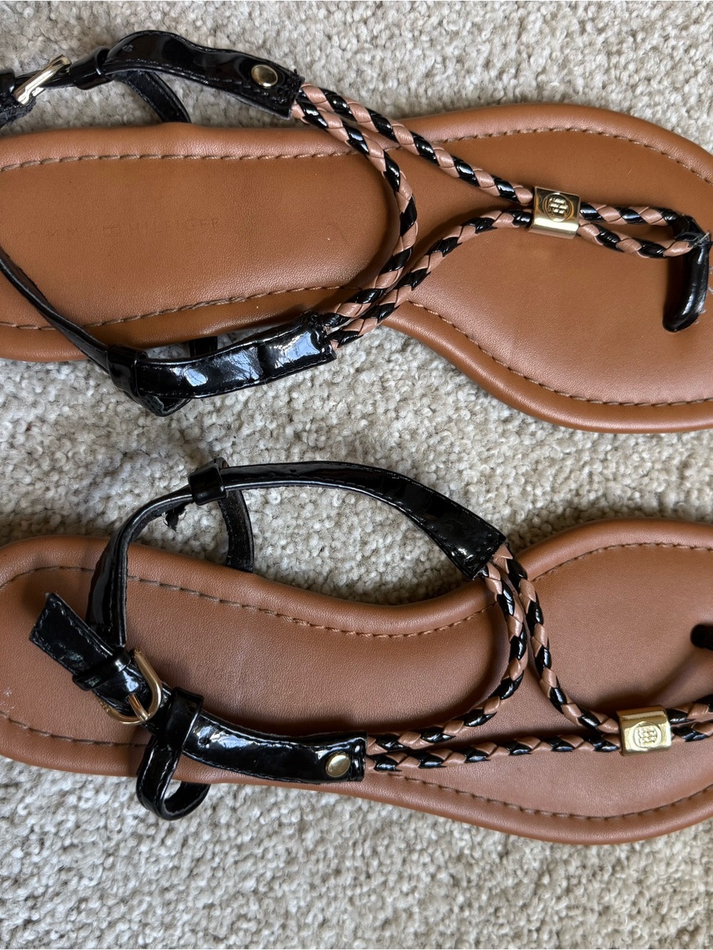 Tommy Hilfiger Black Patent Braided T-Strap Sandals with Tan Footbed